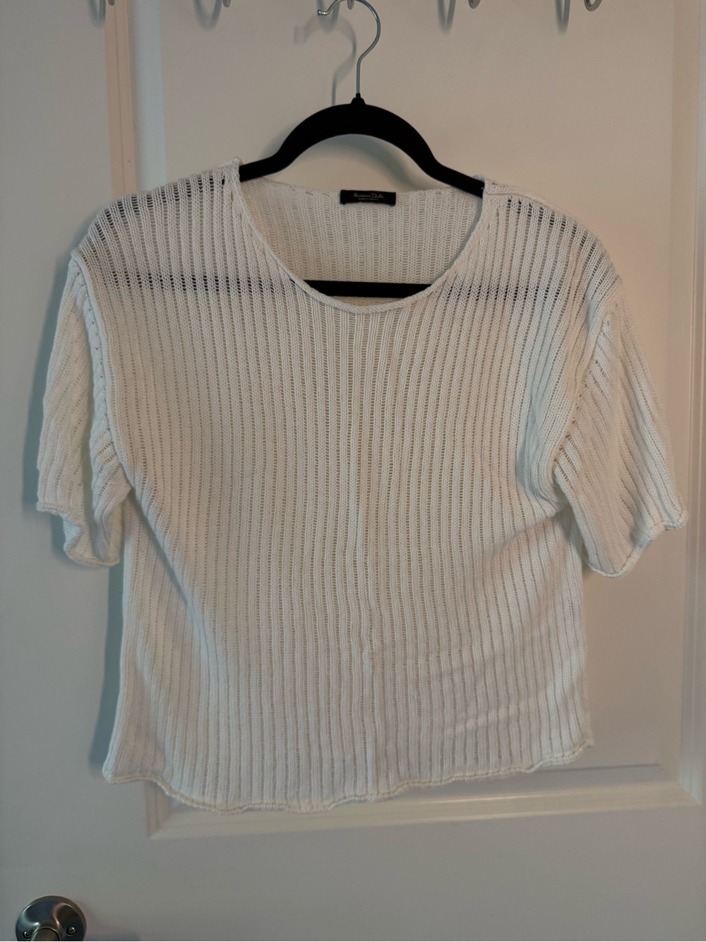 Massimo Dutti White Open-Knit Short Sleeve Top